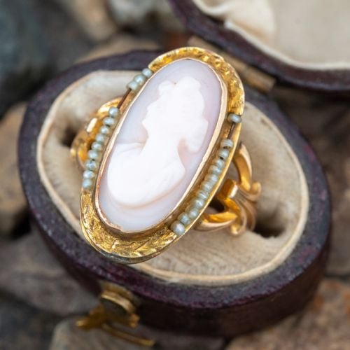 Vintage Shell Cameo Seed Pearl Ring Yellow Gold