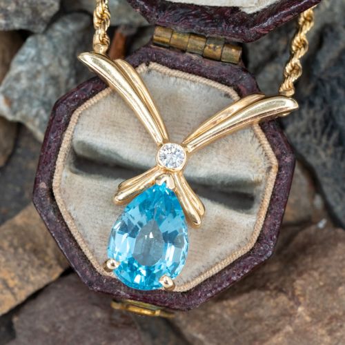 Pretty Blue Topaz Necklace w/ Diamond 14K Yellow Gold