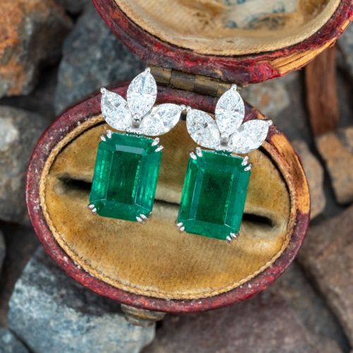 Beautiful Emerald Earrings w/ Diamond Accents 18K White Gold