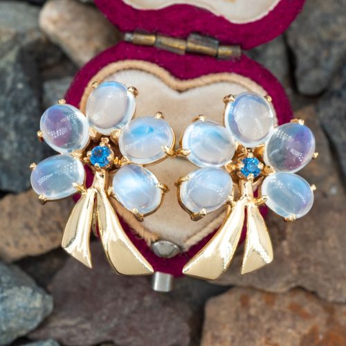 Floral Moonstone & Sapphire Earrings 14K Yellow Gold