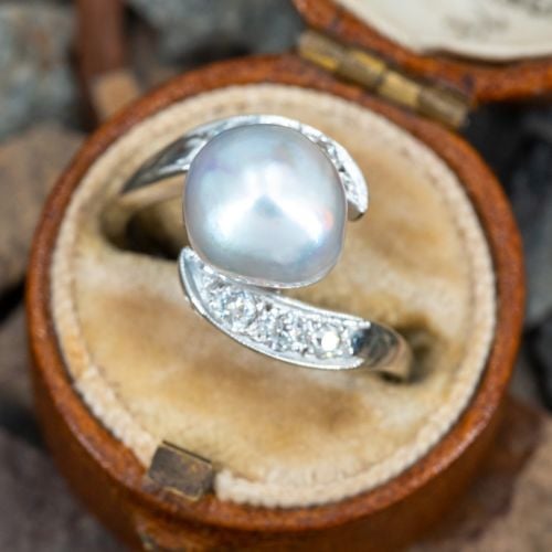 Vintage Gray Pearl & Diamond Bypass Ring 14K White Gold