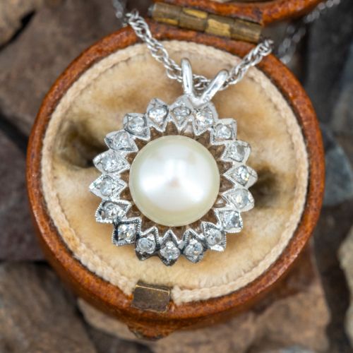 Round Pearl & Diamond Slide Pendant Necklace 14K White Gold
