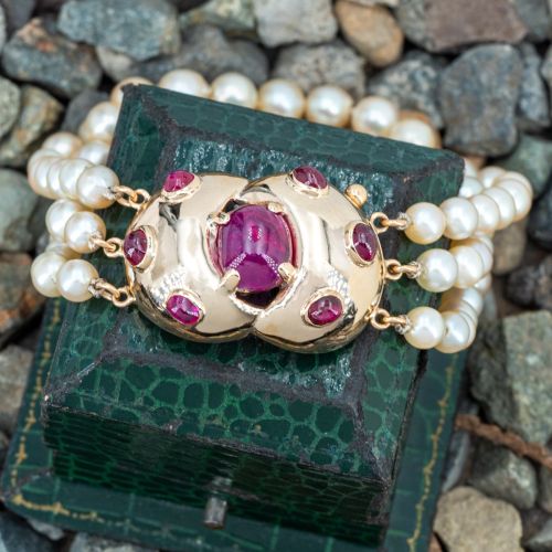 Triple Strand Knotted Pearl Bracelet w/ Ruby Clasp 14K Yellow Gold
