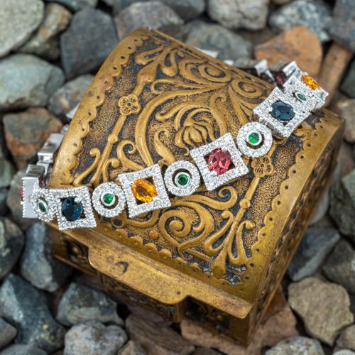 Colorful Gemstone & Diamond Link Bracelet 14K White Gold