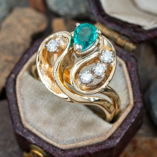 Yin & Yang Motif Lab Created Pear Emerald Soldered Ring Set 14K Yellow Gold