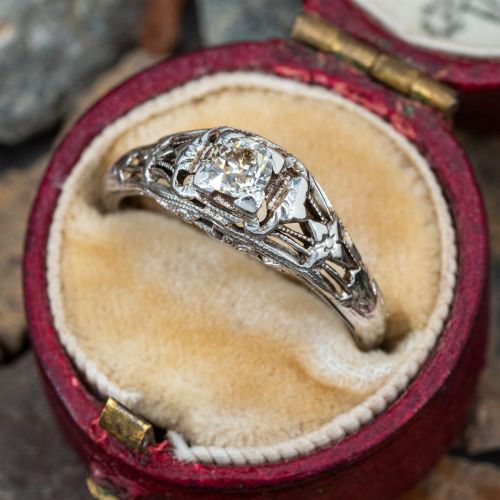 Vintage Filigree Diamond Engagement Ring 18K White Gold .20ct L/SI1