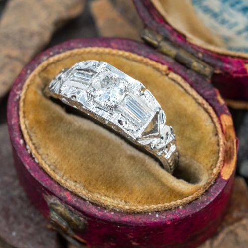 Art Deco Old Euro Diamond Engagement Ring 18K White Gold