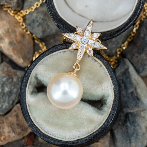Diamond Starburst Pearl Drop Pendant Necklace 14K Yellow Gold 