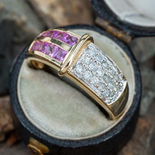 Pink Sapphire Diamond Band Ring 14K Yellow Gold