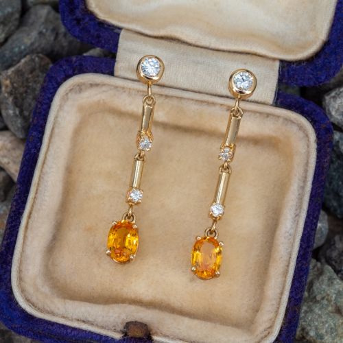 Orange Sapphire and Diamond Drop Earrings 14K Yellow Gold 