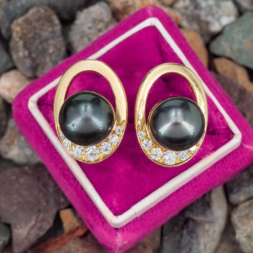 Tahitian Pearl & Diamond Earrings 18K Yellow Gold