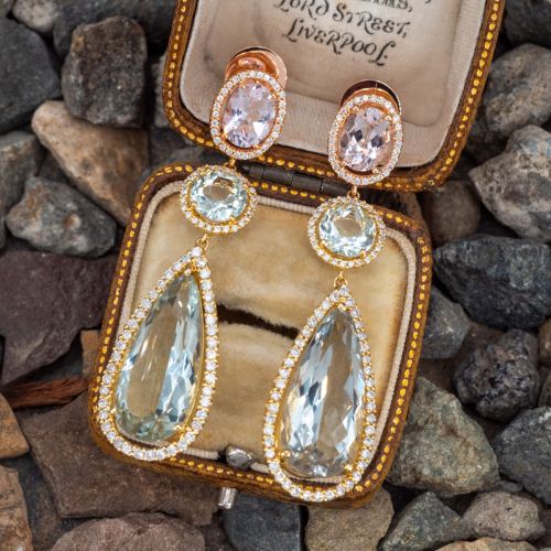 Stunning Prasiolite & Morganite Dangle Earrings 18K Rose & Yellow Gold