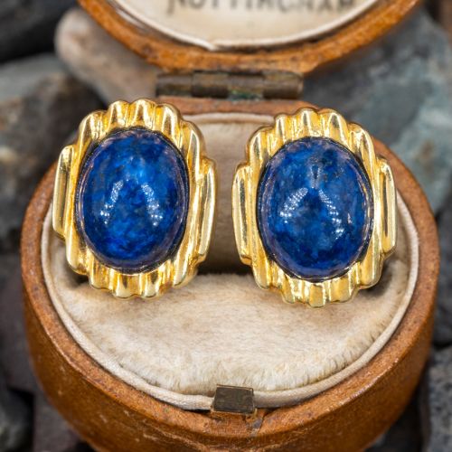 Vintage R. Stone Clip-On Lapis Earrings 18K Yellow Gold