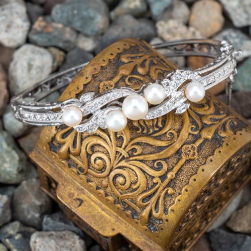 Saltwater Pearl Bangle Bracelet 14K White Gold