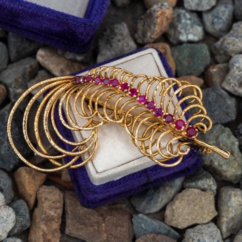 Stunning French Ruby Feather Brooch Pin 18K Yellow Gold
