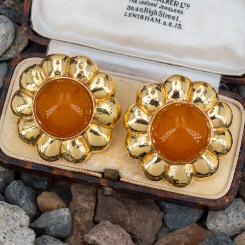 Vintage Clip-On Tambetti Amber Flower Earrings 18K Yellow Gold