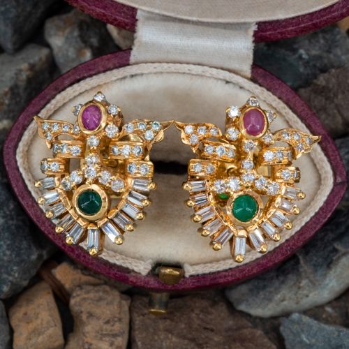 Lovely Emerald & Ruby Diamond Earrings 18K Yellow Gold