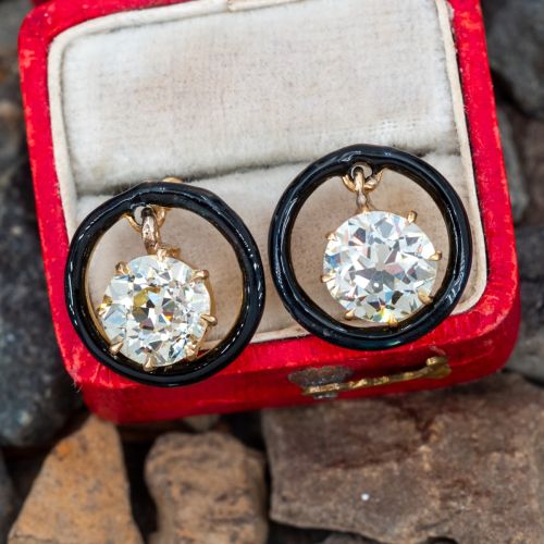 3 Carat Total Old Euro Diamond Enameled Earrings 18K/ 14K Yellow Gold GIA