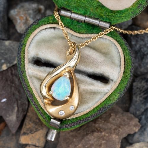 Pear Opal Pendant Necklace w/ Diamond Accents 14K Yellow Gold