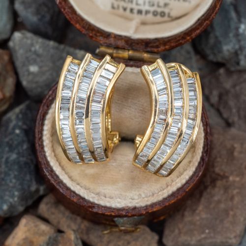Channel Set Baguette Diamond Earrings 18K Yellow Gold