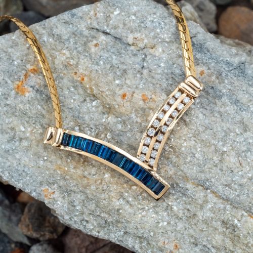 "V" Shape Sapphire & Diamond Necklace 14K Yellow Gold
