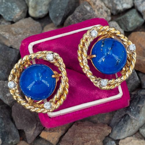 Vintage Cellino Lapis & Diamond Earrings 18K Yellow Gold/ Platinum