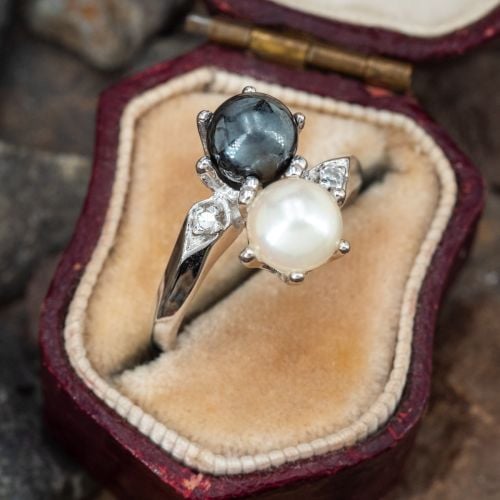 Beautiful Pearl & Hematite Bead Ring 14K White Gold 