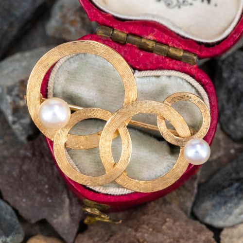 Textured Open Circle Pearl Brooch Pin 14K Yellow Gold