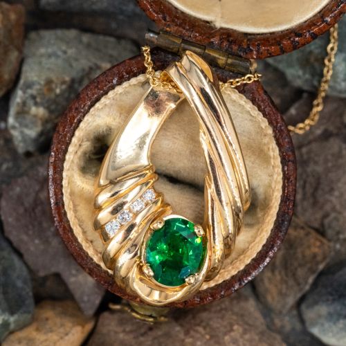 Tsavorite Garnet & Diamond Pendant Necklace 14K Yellow Gold
