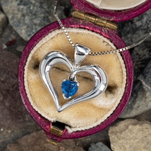 Lovely Sapphire Drop Heart Pendant Necklace 14K White Gold