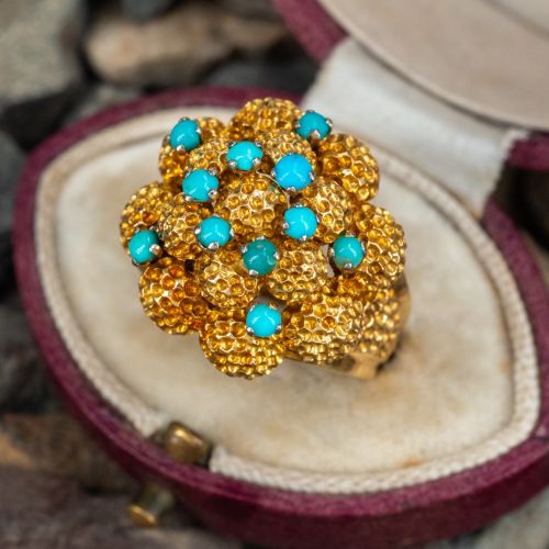 Vintage Textured Turquoise Cocktail Ring 18K Yellow Gold