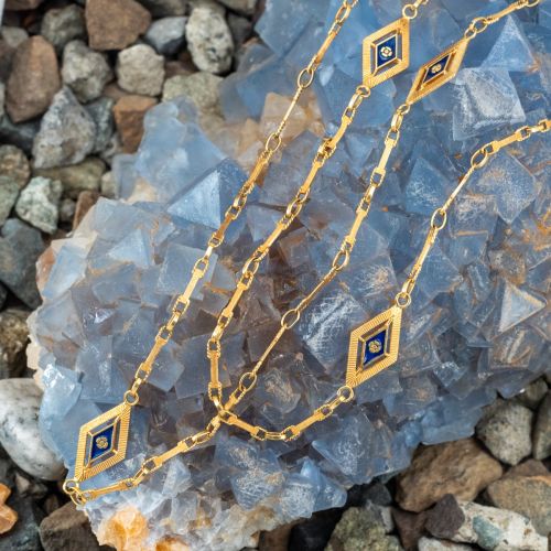 Beautiful Vintage Blue Enamel Station Necklace 18K Yellow Gold