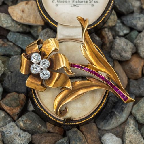 Circa 1910s Diamond & Ruby Flower Brooch Pin 18K Yellow Gold