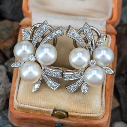 Vintage Saltwater Pearl & Diamond Clip-On Earrings 14K White Gold