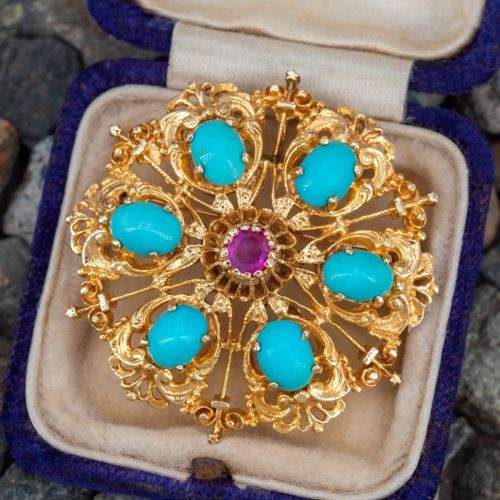 Victorian Revival 1950's Ruby & Turquoise Brooch Pin/ Pendant 14K Yellow Gold