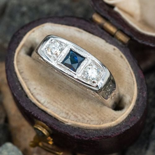 Engraved Sapphire & Diamond Ring 14K White Gold