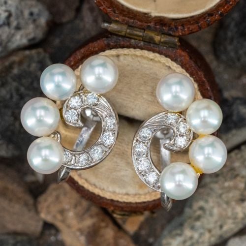 Screw-Back Pearl & Diamond Swirl Earrings 18K White Gold 