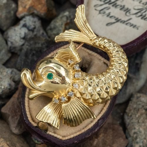 Vintage Diamond Fish Brooch w/ Emerald Eye 18K/14K Yellow Gold
