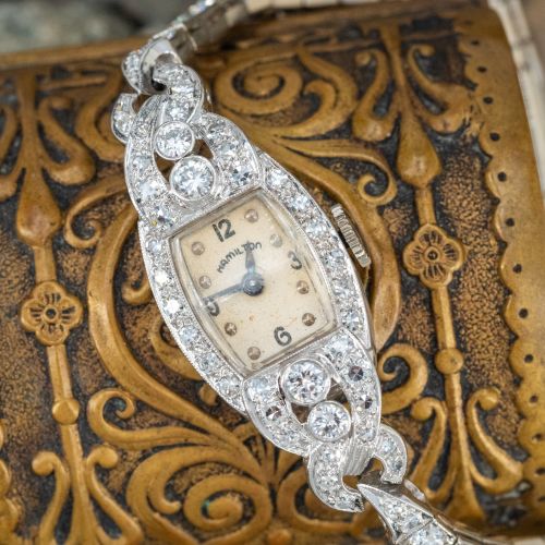 Circa 1950s Hamilton Diamond Wristwatch Platinum/ 14K White Gold 