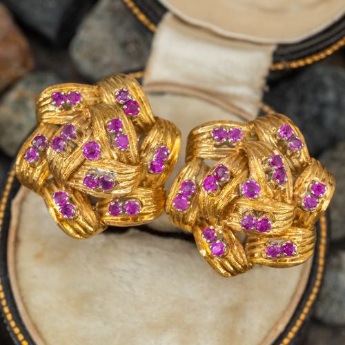 Vintage Ruby Basket Weave Earrings 14K Yellow Gold