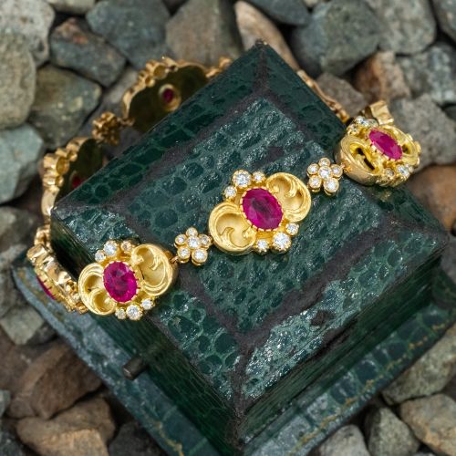 Beautiful Ruby & Diamond Floral Motif Fancy Link Bracelet 18K Yellow Gold