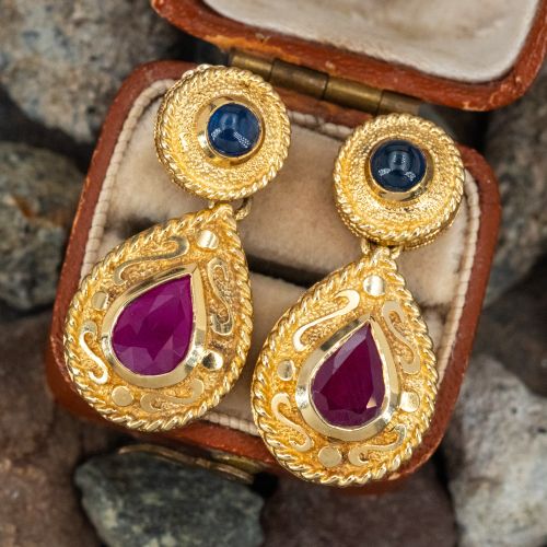 Ruby & Sapphire Cabochon Dangle Earrings 14K Yellow Gold