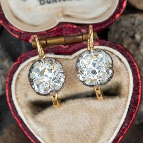 Old Euro Diamond Drop Earrings 18K Yellow Gold/ Platinum GIA