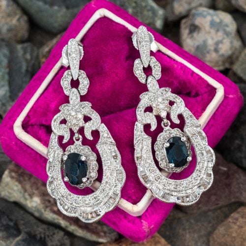 Ornate Oval Sapphire & Diamond Dangle Earrings 14K White Gold