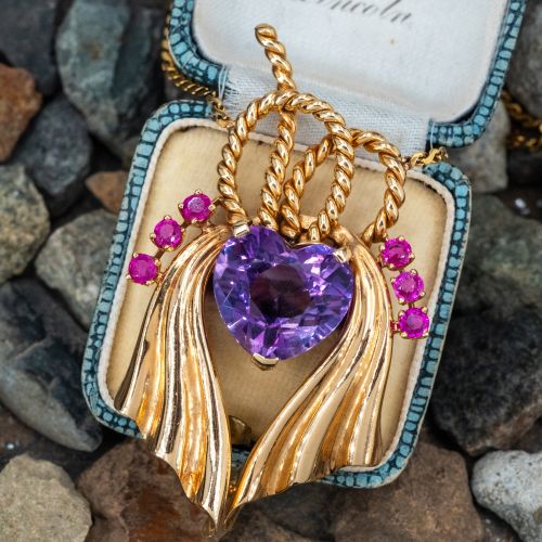 Vintage Heart Amethyst & Ruby Pendant Necklace 14K/ 18K Yellow gold