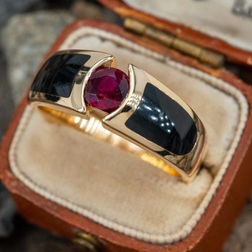 Handsome Mens Ruby & Onyx Inlay Ring 14K Yellow Gold