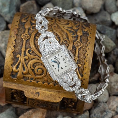 Vintage Diamond Bulova Wristwatch 14K White Gold