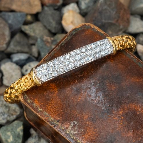 Italian Woven Gold Diamond Bracelet 18K Yellow & White Gold
