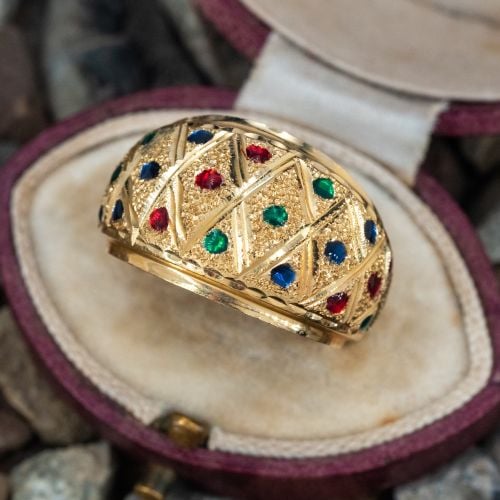 Engraved Wide Band Enameled Gold Ring 14K Yellow Gold 