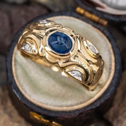 Etruscan Motif Sapphire & Diamond Ring 18K Yellow Gold